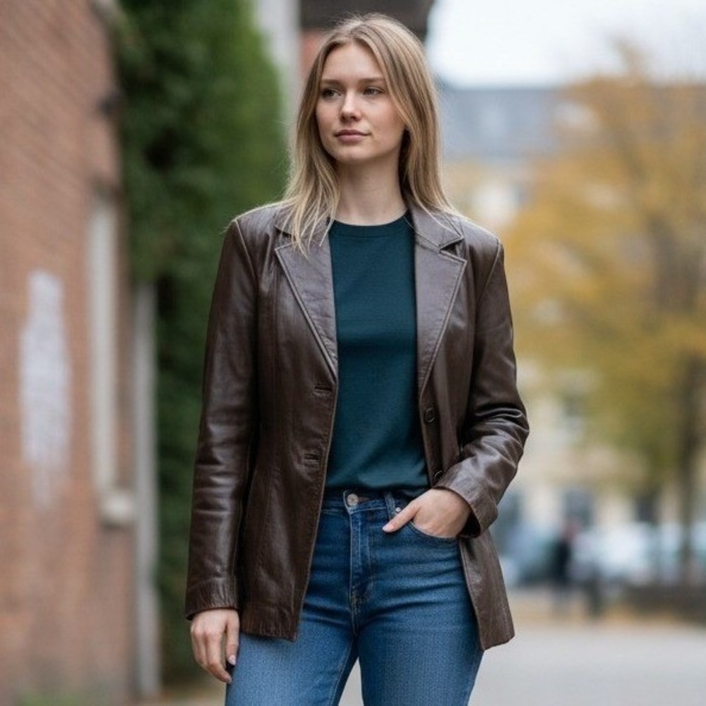 Womens Brown Leather Jacket Size 8 Tailored Jacket Dark Academia Classic Chic
